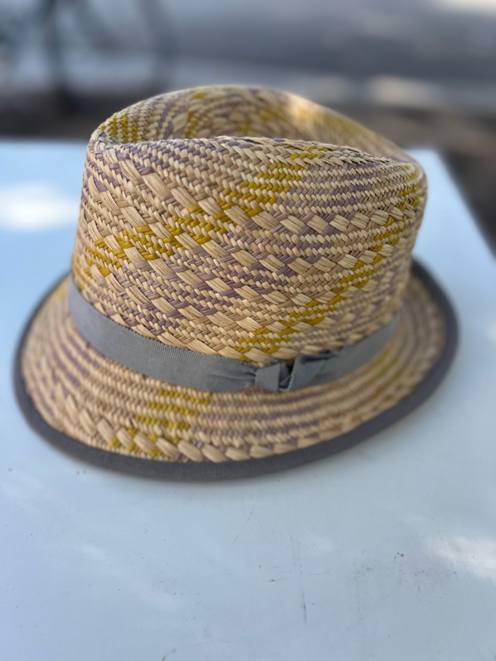 Straw Fedora Hat in Natural and Yellow with Gray Trim